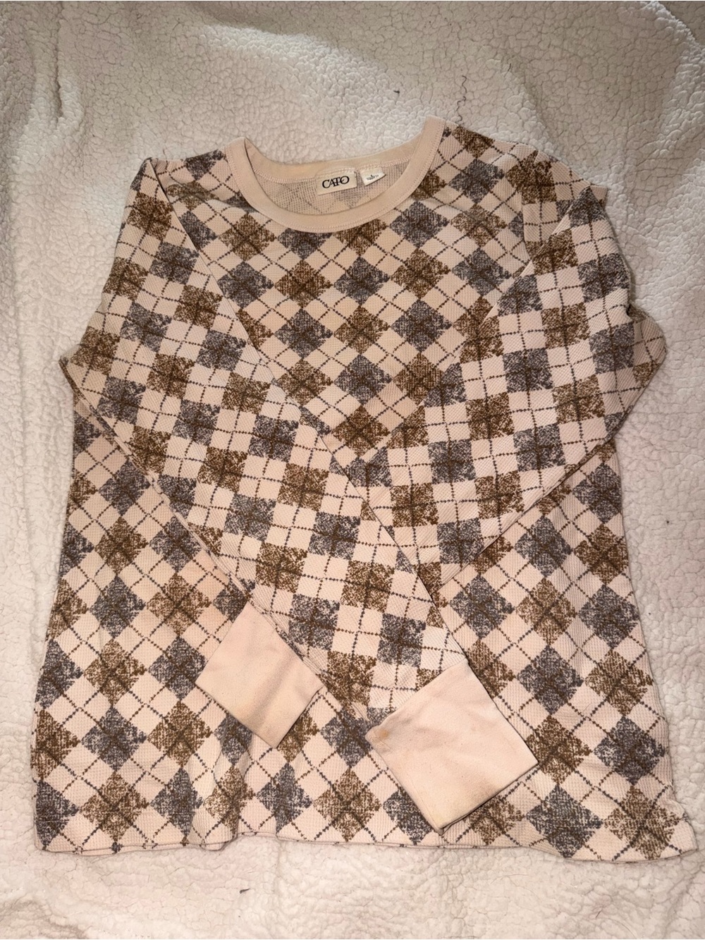 Cato Cream Argyle Long Sleeve Top with Brown and Gray Diamonds